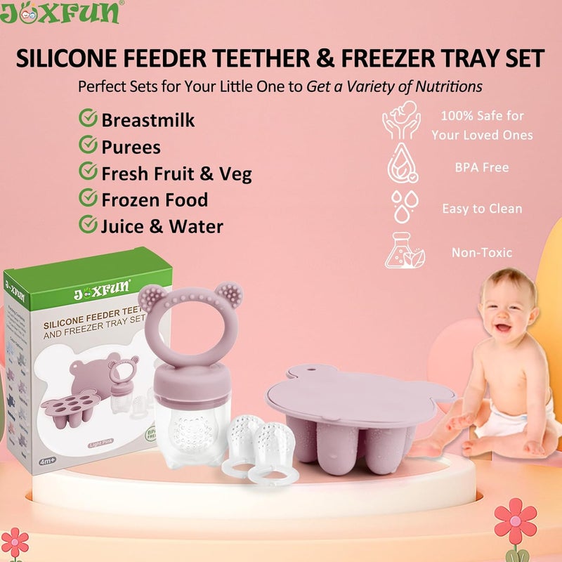 JEXFUN Silicone Breastmilk Popsicle Freezer Molds & Baby Fruit Food Feeder Pacifier, Baby Food Storage Containers Breast Milk Ice Cubes for Baby Teething & Infant Self Feeding, BPA Free - (Light Pink) - Image 3